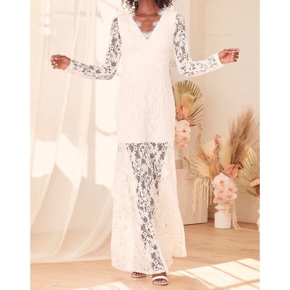 NWT Lulus Way to‎ Be Loved White Lace Long Sleeve Maxi Dress - Picture 1 of 12